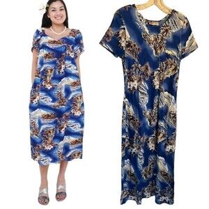 Hilo Hattie Blue Hawaii Blue Small maxi dress Gown Party Boho Vacation Beach
